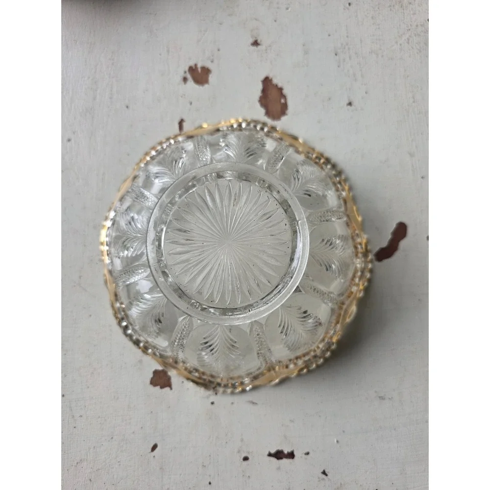 Antique Gold Trimmed Cut Glass Candy Dish Scalloped Feather Pattern Round Bowl